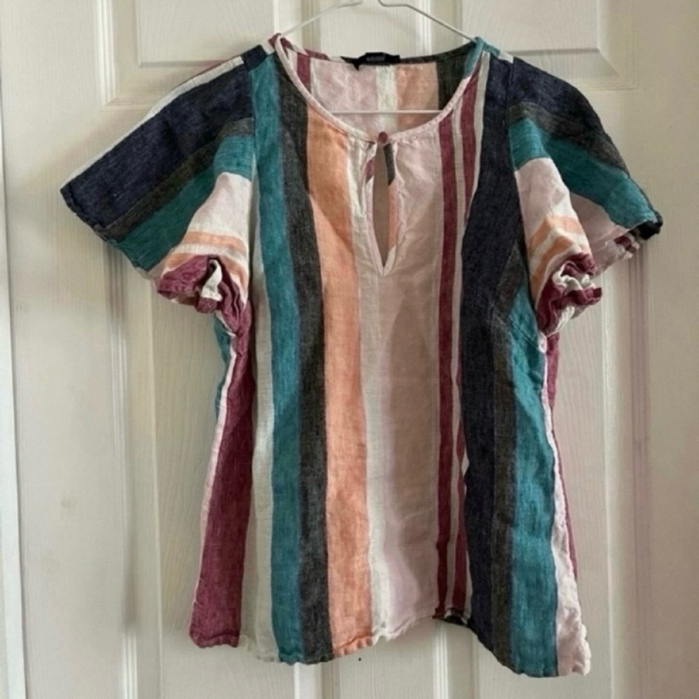 J.crew ruffle sleeves linen mixed stripe blouse